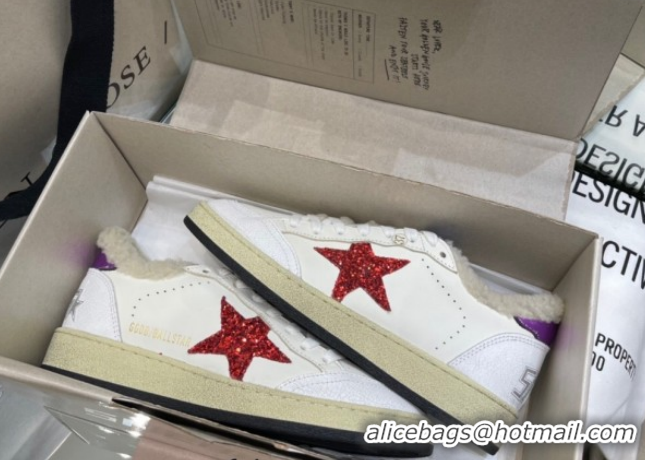 Luxurious Golden Goose Women's Super-Star Sneakers in White Leather and Wool with Red Star GGDB103116 1031076