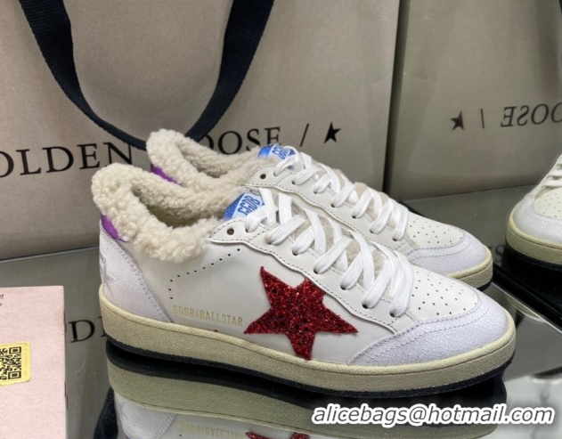 Luxurious Golden Goose Women's Super-Star Sneakers in White Leather and Wool with Red Star GGDB103116 1031076