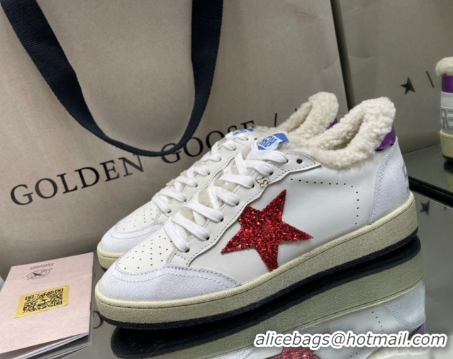 Luxurious Golden Goose Women's Super-Star Sneakers in White Leather and Wool with Red Star GGDB103116 1031076