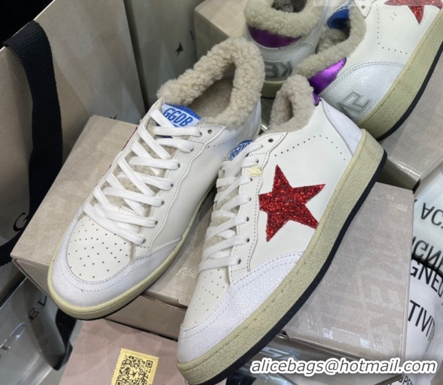 Luxurious Golden Goose Women's Super-Star Sneakers in White Leather and Wool with Red Star GGDB103116 1031076