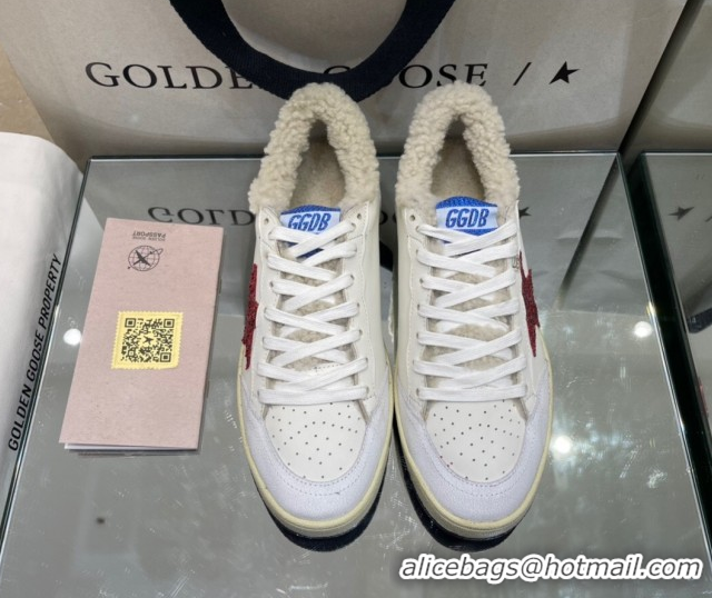 Luxurious Golden Goose Women's Super-Star Sneakers in White Leather and Wool with Red Star GGDB103116 1031076