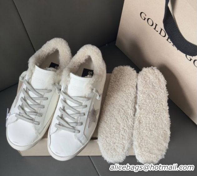 Popular Style Golden Goose Women's Super-Star Sneakers in White Leather and Wool GGDB103124 1031084