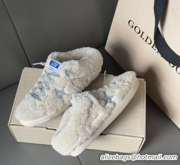 Golden Goose Women's Super-Star Sabots Sneaker in Beige Wool with Silver Glitter Star GGDB103118 1031078