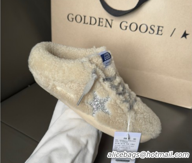 Golden Goose Women's Super-Star Sabots Sneaker in Beige Wool with Silver Glitter Star GGDB103118 1031078