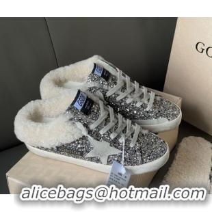 Most Popular Golden Goose Women's Super-Star Sabots Sneaker in Silver Glitter and Wool GGDB103119 1031079