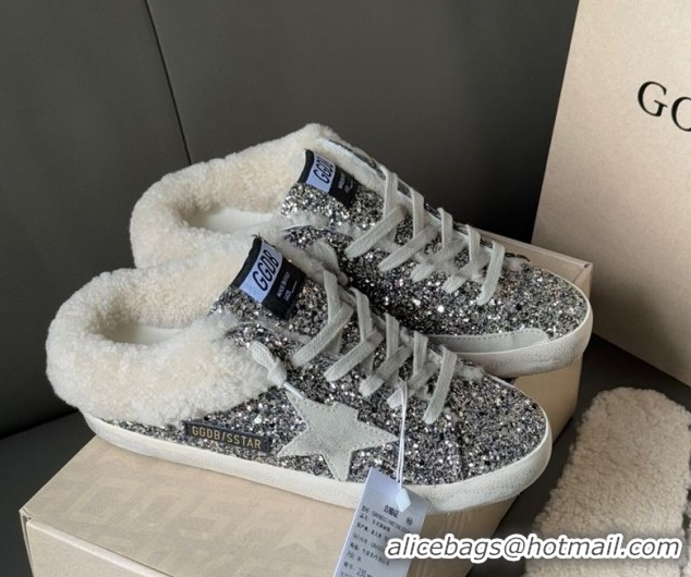 Most Popular Golden Goose Women's Super-Star Sabots Sneaker in Silver Glitter and Wool GGDB103119 1031079
