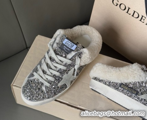 Most Popular Golden Goose Women's Super-Star Sabots Sneaker in Silver Glitter and Wool GGDB103119 1031079