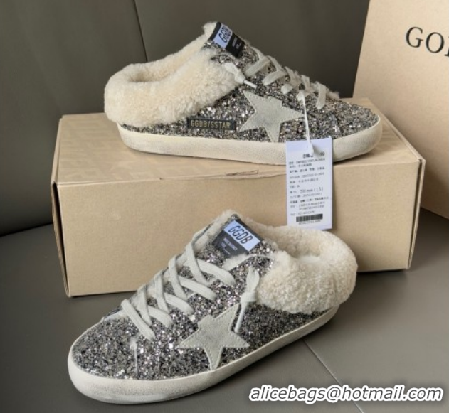 Most Popular Golden Goose Women's Super-Star Sabots Sneaker in Silver Glitter and Wool GGDB103119 1031079