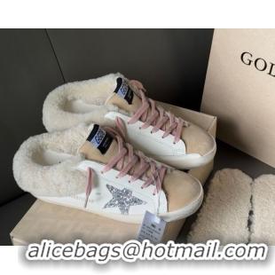 Unique Style Golden Goose Women's Super-Star Sabots Sneaker in White Leather, Beige Suede and Wool GGDB103120 1031080