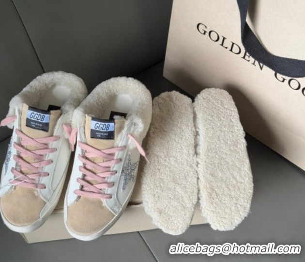 Unique Style Golden Goose Women's Super-Star Sabots Sneaker in White Leather, Beige Suede and Wool GGDB103120 1031080