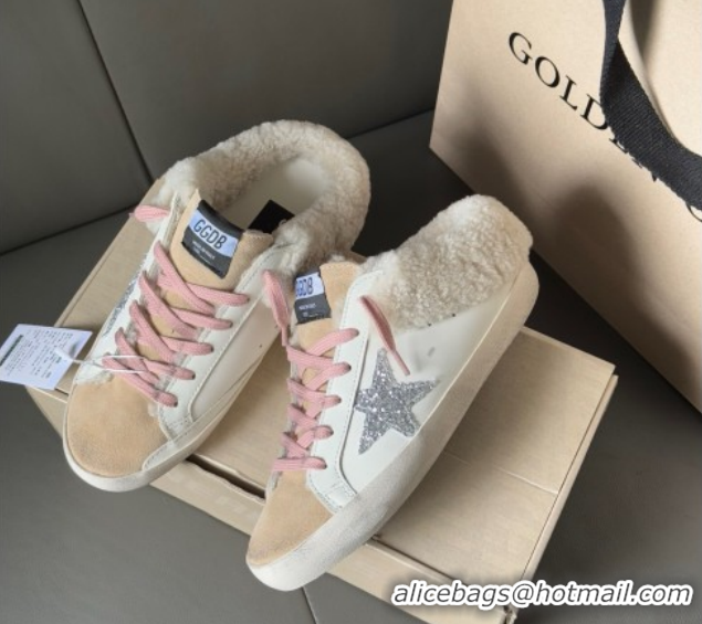 Unique Style Golden Goose Women's Super-Star Sabots Sneaker in White Leather, Beige Suede and Wool GGDB103120 1031080