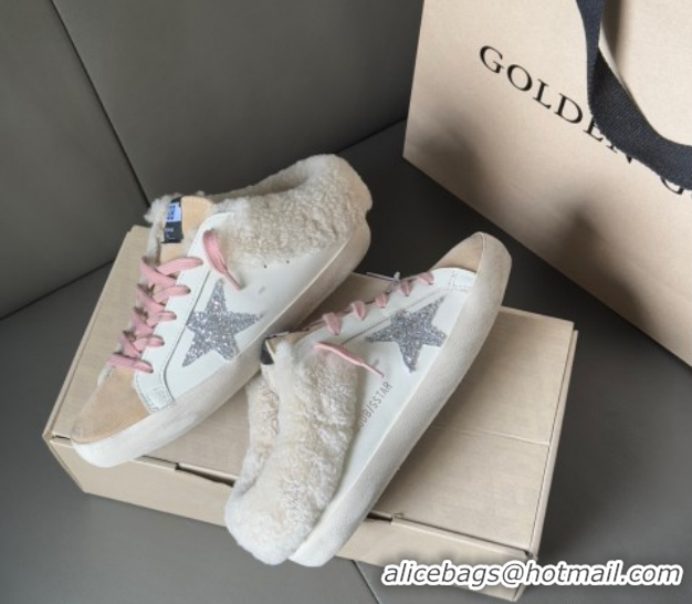 Unique Style Golden Goose Women's Super-Star Sabots Sneaker in White Leather, Beige Suede and Wool GGDB103120 1031080