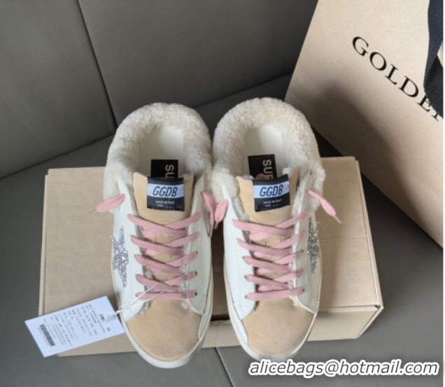 Unique Style Golden Goose Women's Super-Star Sabots Sneaker in White Leather, Beige Suede and Wool GGDB103120 1031080