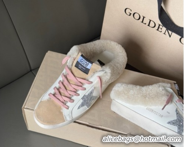 Unique Style Golden Goose Women's Super-Star Sabots Sneaker in White Leather, Beige Suede and Wool GGDB103120 1031080