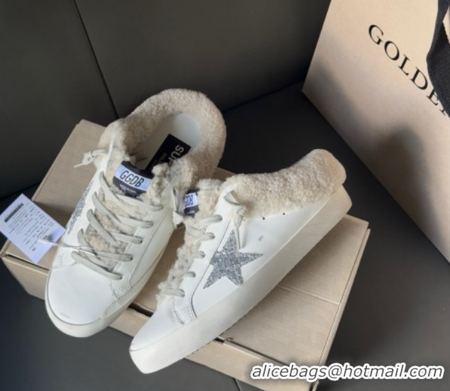 Purchase Golden Goose Women's Super-Star Sabots Sneaker in White Leather and Wool with Silver Glitter 2025 GGDB103121 10