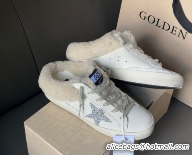 Purchase Golden Goose Women's Super-Star Sabots Sneaker in White Leather and Wool with Silver Glitter 2025 GGDB103121 10