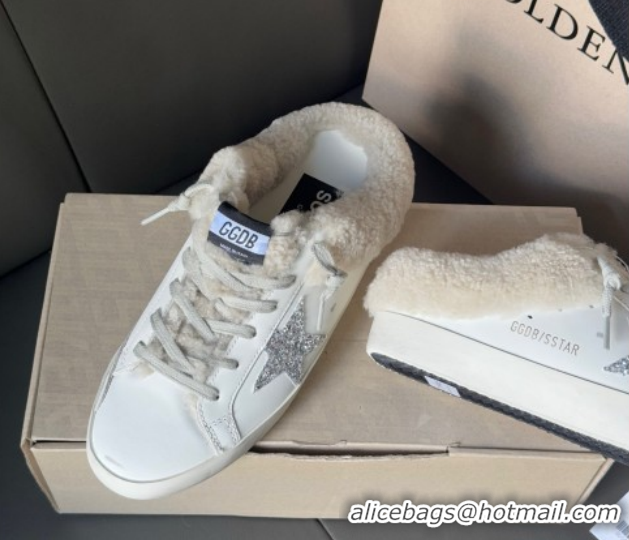 Purchase Golden Goose Women's Super-Star Sabots Sneaker in White Leather and Wool with Silver Glitter 2025 GGDB103121 10