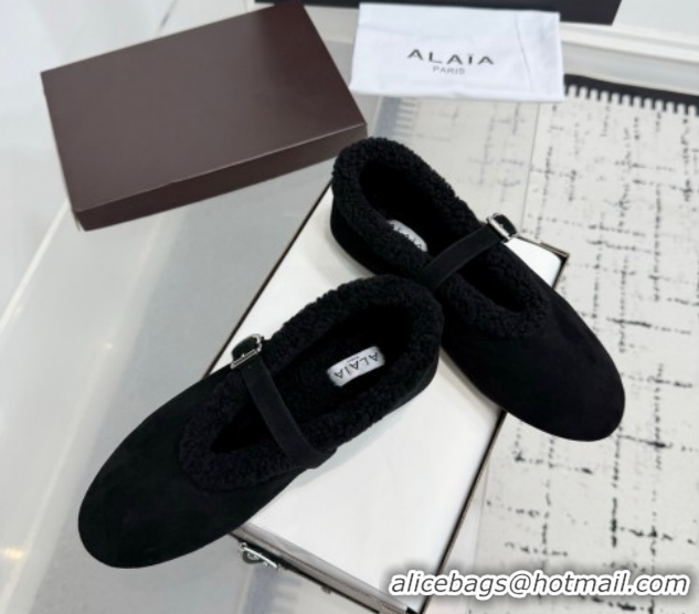 Good Quality Alaia Ballet Flats in Suede and Shearling 2026 AL102901 Black