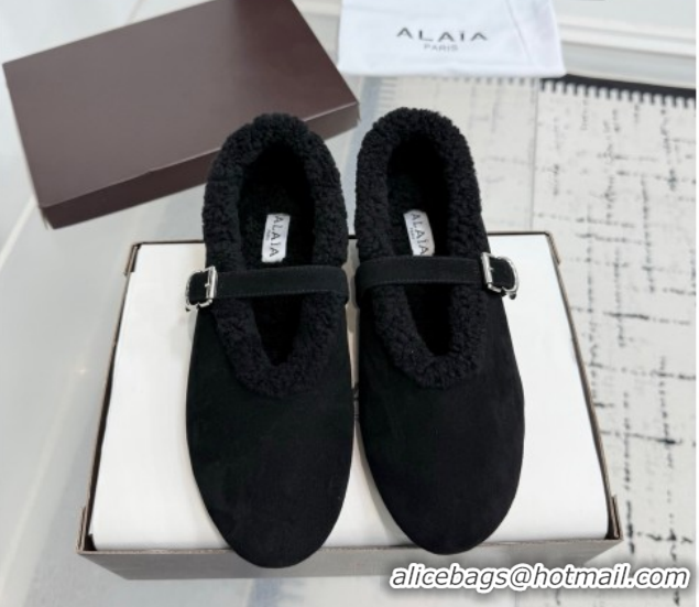 Good Quality Alaia Ballet Flats in Suede and Shearling 2026 AL102901 Black