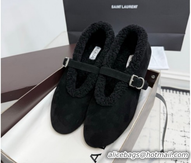 Good Quality Alaia Ballet Flats in Suede and Shearling 2026 AL102901 Black