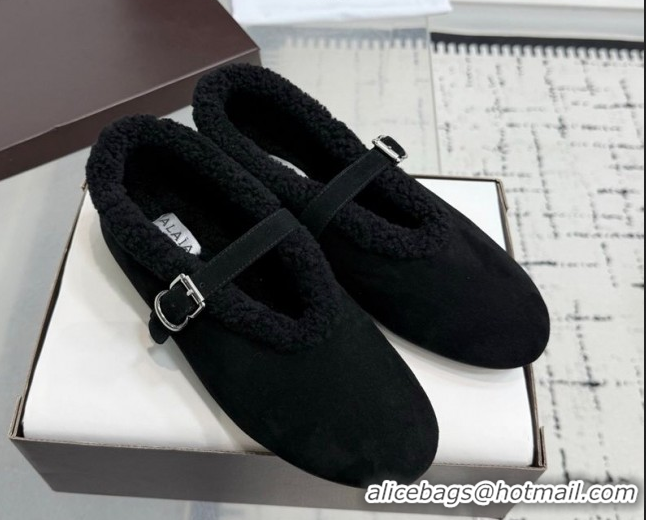 Good Quality Alaia Ballet Flats in Suede and Shearling 2026 AL102901 Black