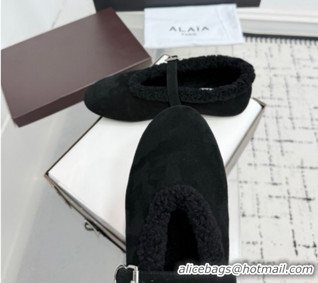 Good Quality Alaia Ballet Flats in Suede and Shearling 2026 AL102901 Black