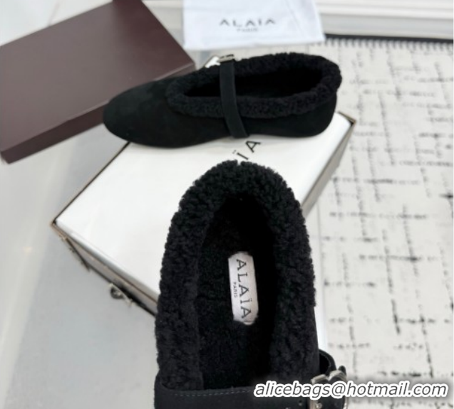 Good Quality Alaia Ballet Flats in Suede and Shearling 2026 AL102901 Black