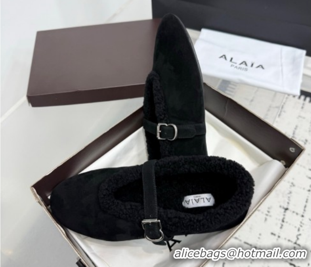 Good Quality Alaia Ballet Flats in Suede and Shearling 2026 AL102901 Black