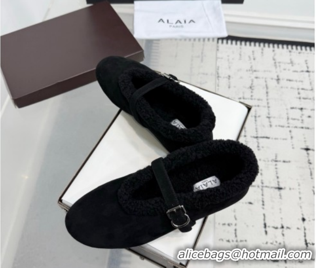 Good Quality Alaia Ballet Flats in Suede and Shearling 2026 AL102901 Black