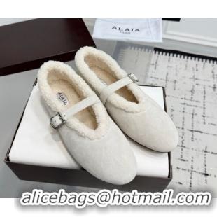 Grade Quality Alaia Ballet Flats in Suede and Shearling 2026 AL102901 White