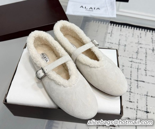 Grade Quality Alaia Ballet Flats in Suede and Shearling 2026 AL102901 White