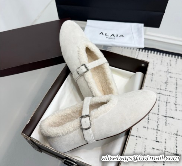 Grade Quality Alaia Ballet Flats in Suede and Shearling 2026 AL102901 White