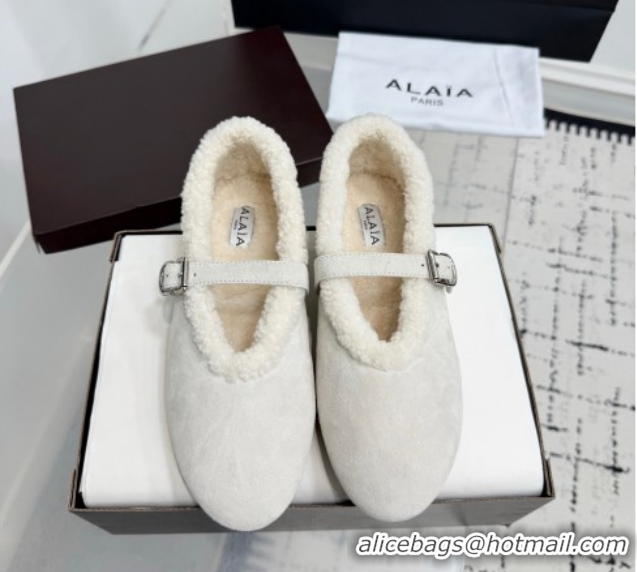 Grade Quality Alaia Ballet Flats in Suede and Shearling 2026 AL102901 White