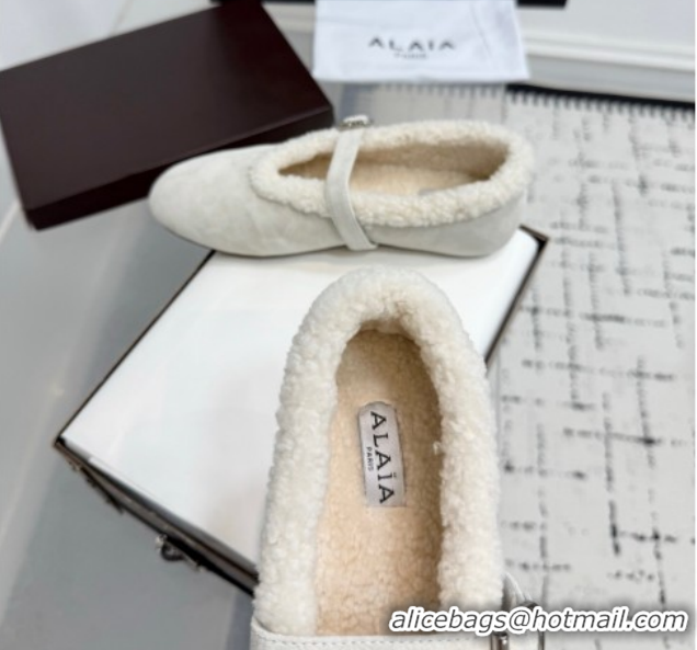 Grade Quality Alaia Ballet Flats in Suede and Shearling 2026 AL102901 White