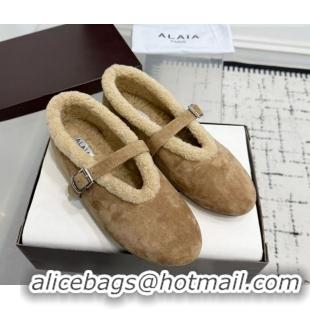 Luxurious Alaia Ballet Flats in Suede and Shearling 2026 AL102901 Camel