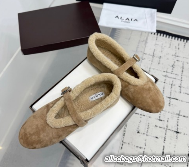 Luxurious Alaia Ballet Flats in Suede and Shearling 2026 AL102901 Camel