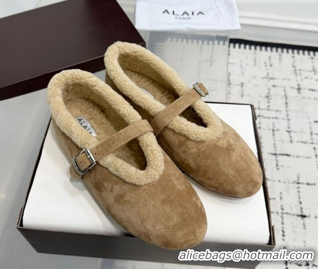 Luxurious Alaia Ballet Flats in Suede and Shearling 2026 AL102901 Camel
