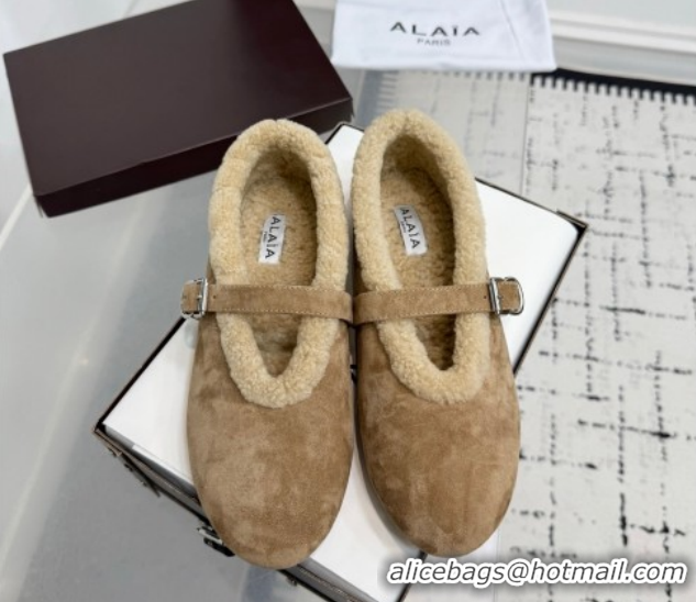 Luxurious Alaia Ballet Flats in Suede and Shearling 2026 AL102901 Camel