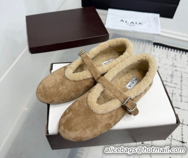 Luxurious Alaia Ballet Flats in Suede and Shearling 2026 AL102901 Camel