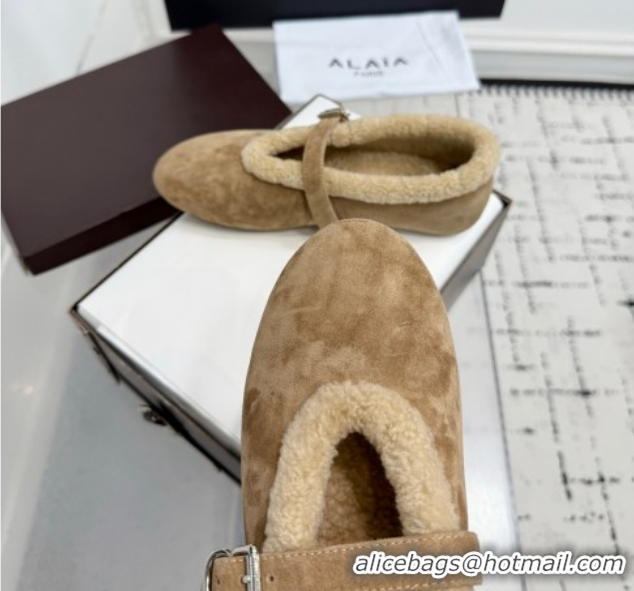 Luxurious Alaia Ballet Flats in Suede and Shearling 2026 AL102901 Camel