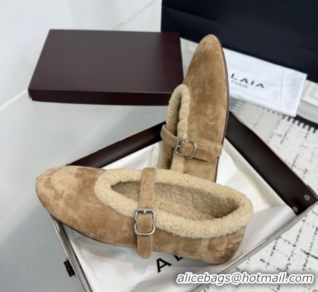 Luxurious Alaia Ballet Flats in Suede and Shearling 2026 AL102901 Camel