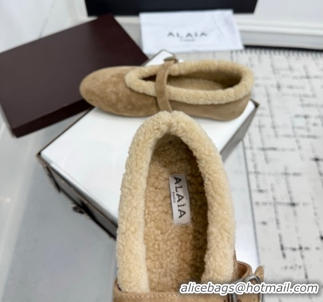 Luxurious Alaia Ballet Flats in Suede and Shearling 2026 AL102901 Camel