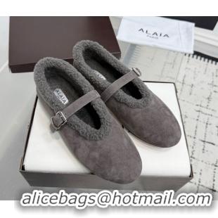Best Grade Alaia Ballet Flats in Suede and Shearling 2026 AL102901 Dark Grey
