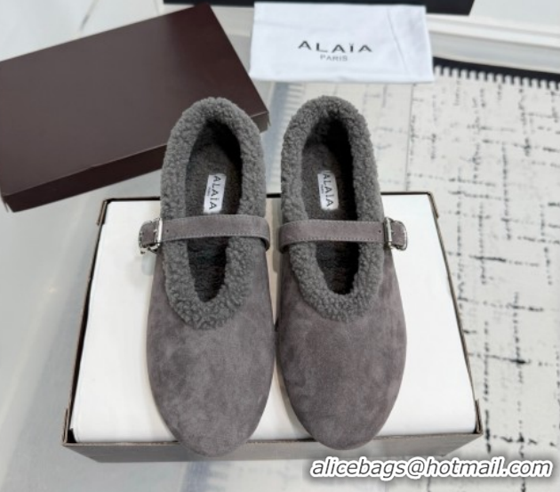 Best Grade Alaia Ballet Flats in Suede and Shearling 2026 AL102901 Dark Grey