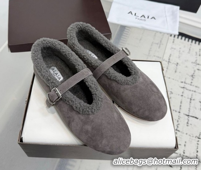 Best Grade Alaia Ballet Flats in Suede and Shearling 2026 AL102901 Dark Grey