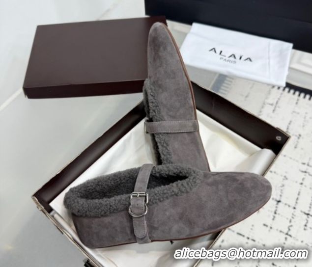 Best Grade Alaia Ballet Flats in Suede and Shearling 2026 AL102901 Dark Grey