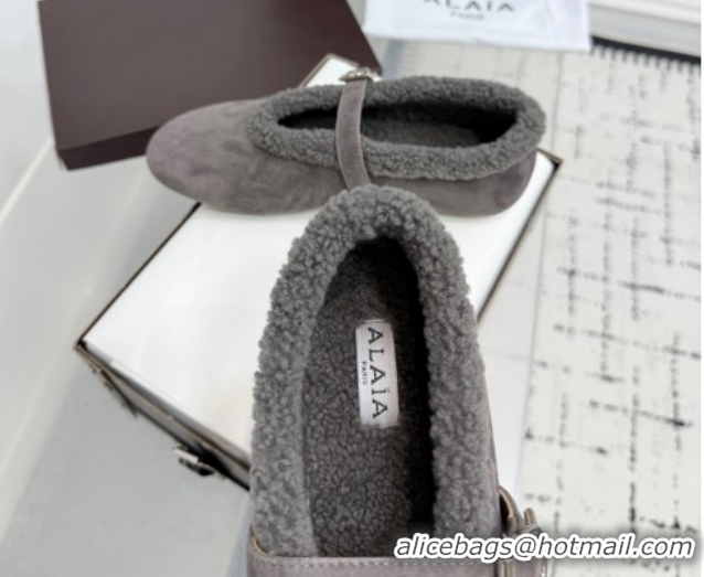 Best Grade Alaia Ballet Flats in Suede and Shearling 2026 AL102901 Dark Grey