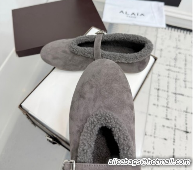 Best Grade Alaia Ballet Flats in Suede and Shearling 2026 AL102901 Dark Grey