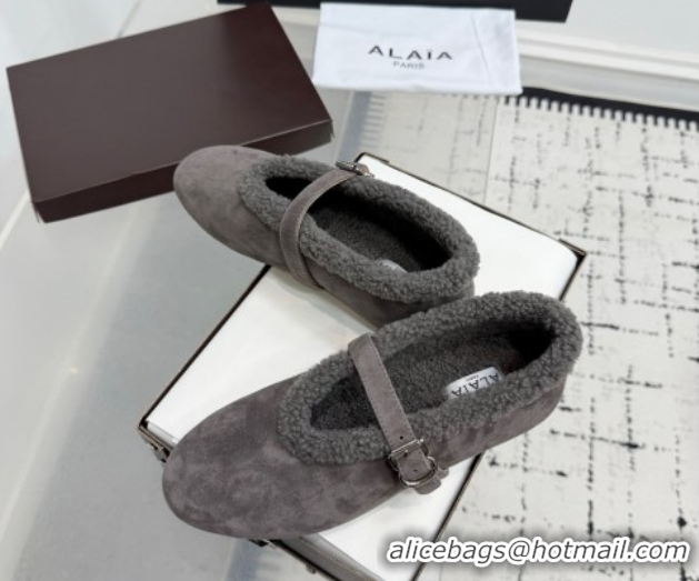 Best Grade Alaia Ballet Flats in Suede and Shearling 2026 AL102901 Dark Grey