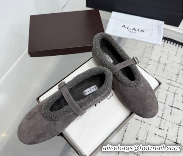 Best Grade Alaia Ballet Flats in Suede and Shearling 2026 AL102901 Dark Grey